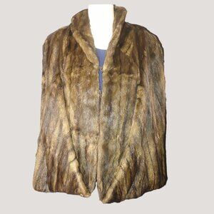 Large Animal Fur Shawl Stole Wrap Vintage Brown Satin Lining  Hook Eyelets